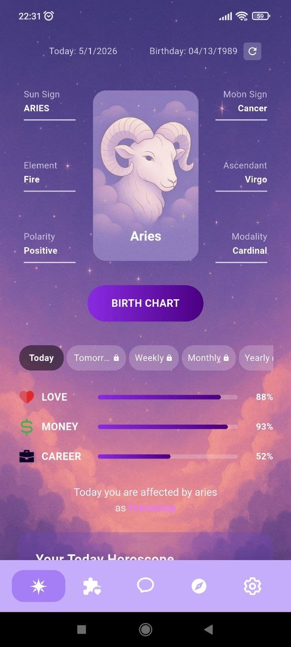 Vela Astrology horoscope dashboard screen